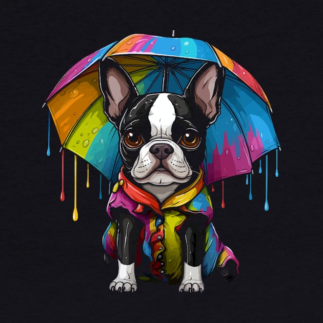 Boston Terrier Rainy Day With Umbrella by JH Mart